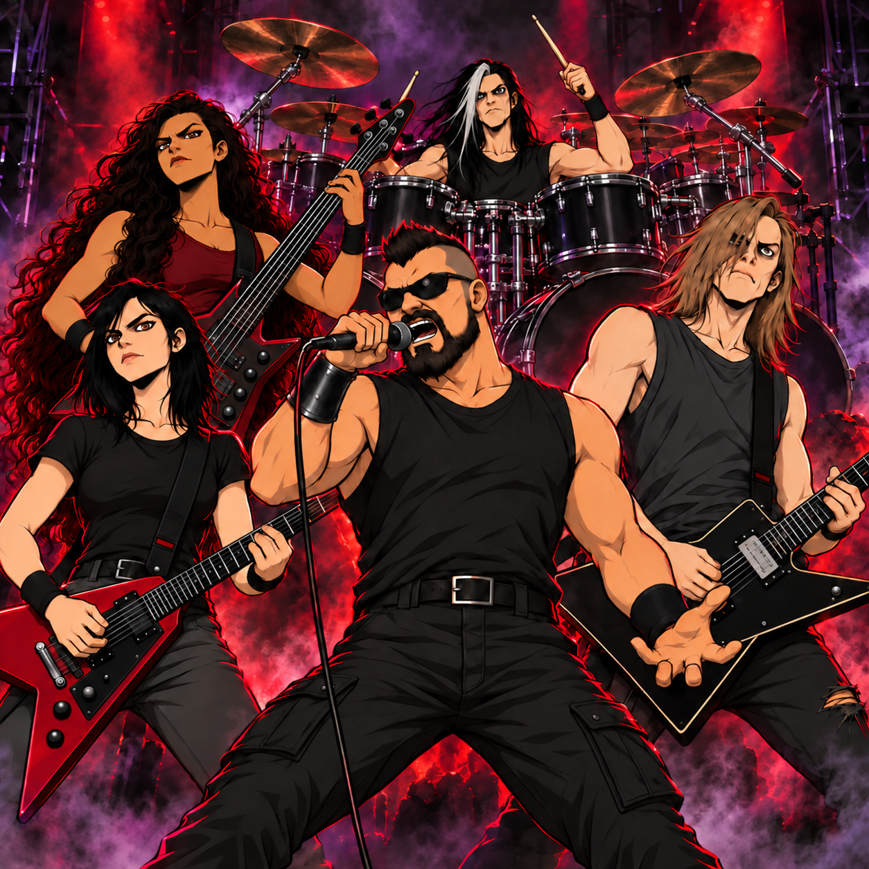 The Ashtrine lineup: Tithe on bass, Cinder on drums, Vesper on lead guitar, Vigil on vocals, and Scathe on rhythm guitar.